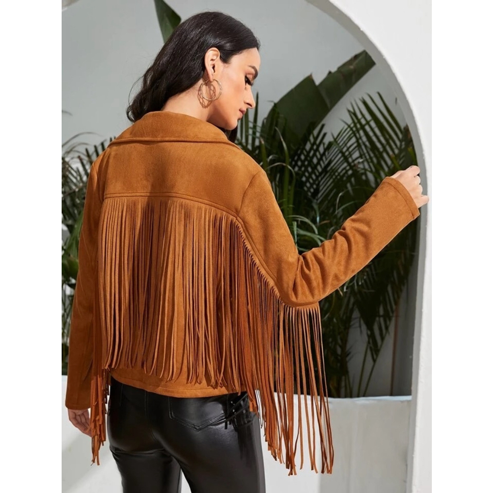 Zip Up Fringe Trim Jacket, Size M